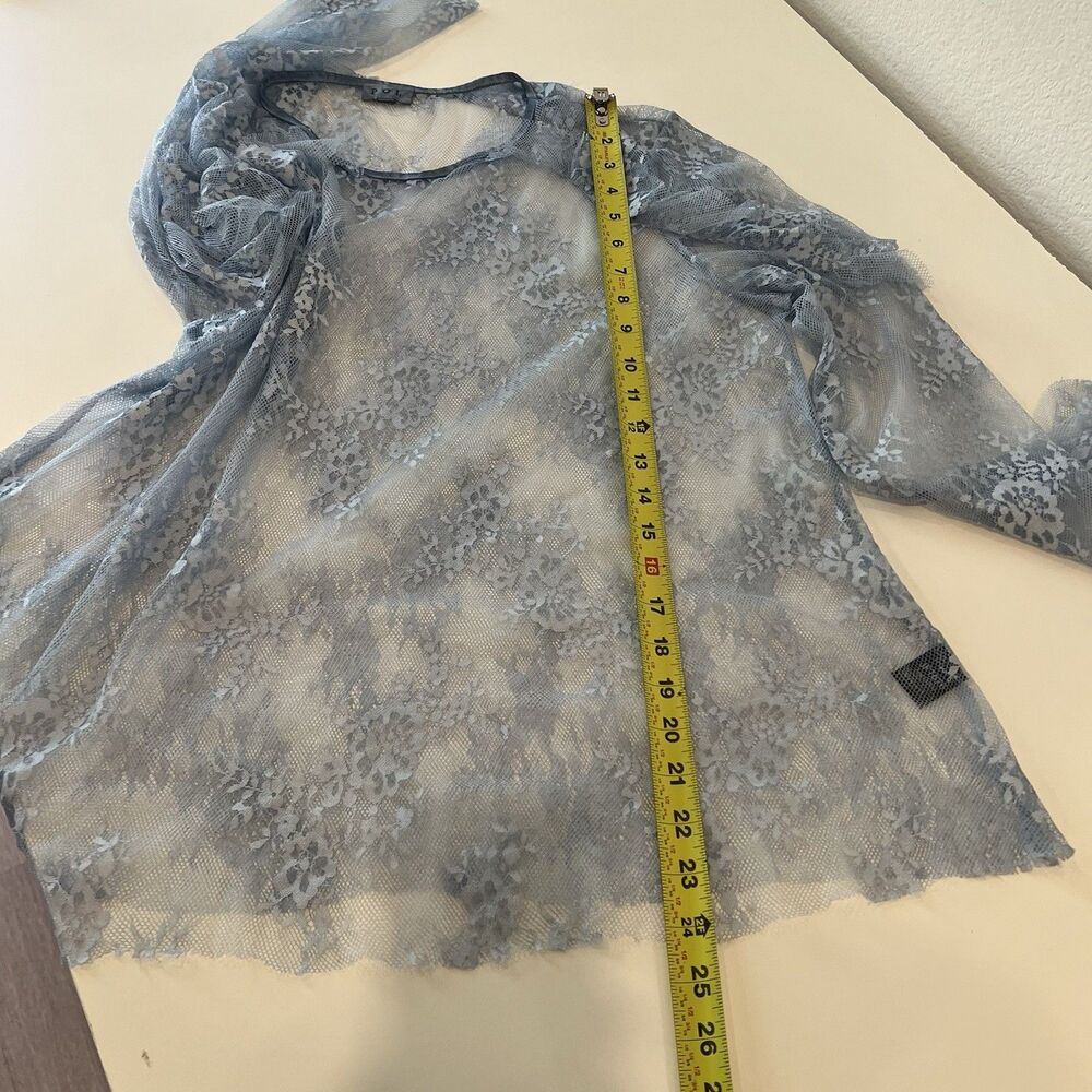 Pol Women’s Blue Floral Sheer Lace Blouse  Ruffled Shoulder L Fairy Whimsical - Picture 9 of 9